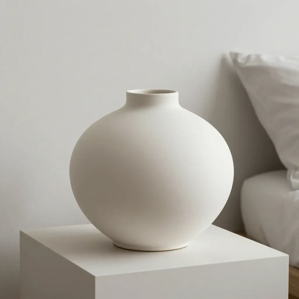 Large organic-shaped ceramic vase on minimalist plinth