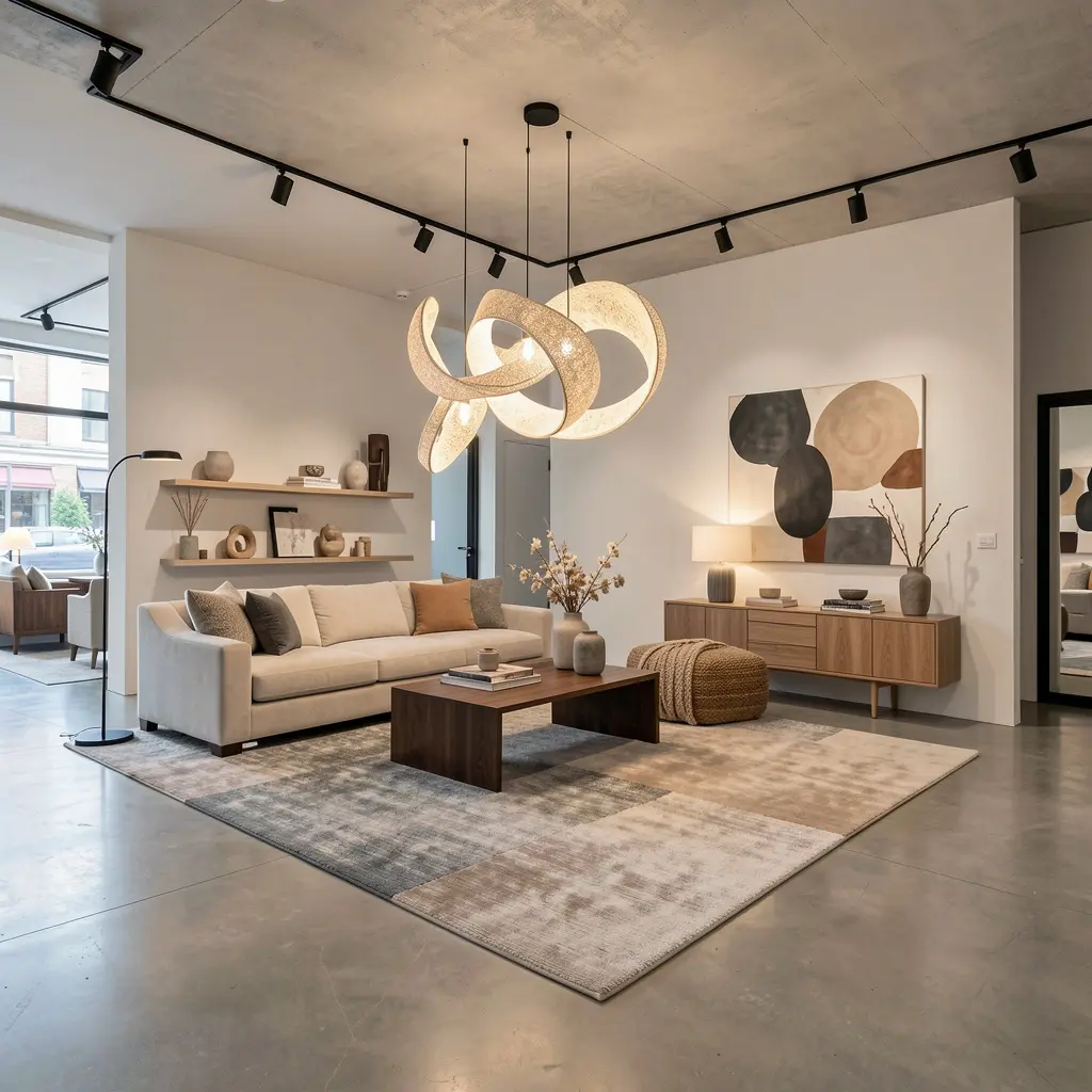 Modern showroom interior with curated decor pieces